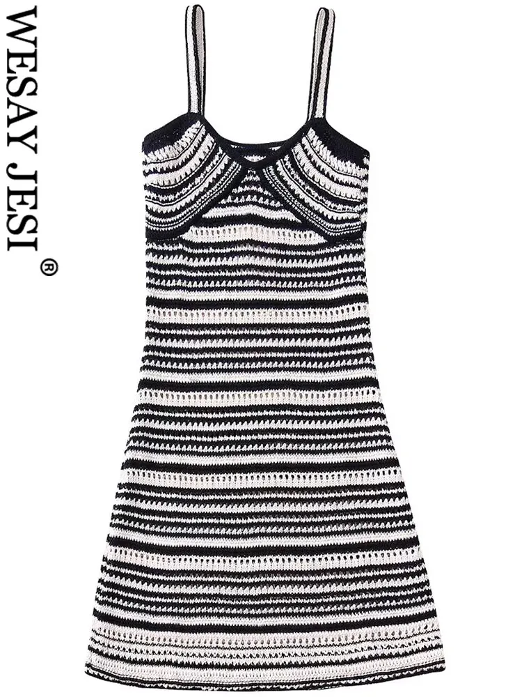 

WESAY JESI Fashion Sweater Wrap Chest Strap Knitted Slim Dress Black White Stripes Sexy Hollow Skin-friendly Dress Women Elegant