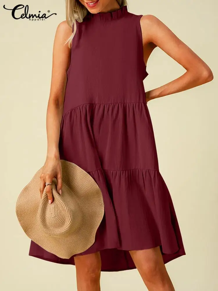 

Celmia Sleeveless Women Mini Dress A-line Casual Holiday Summer Tank Sundress Elegant Stitched Pleats Stand Collar Short Vestido