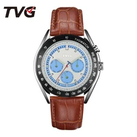 quartz watch men waterproof leather strap el backlight dial three eyes and six stitches stainless steel case tvg168 male watch