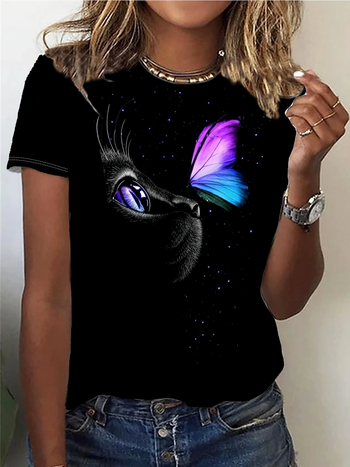 Футболка с круглым вырезом и принтом черного кота повседневный топ коротким