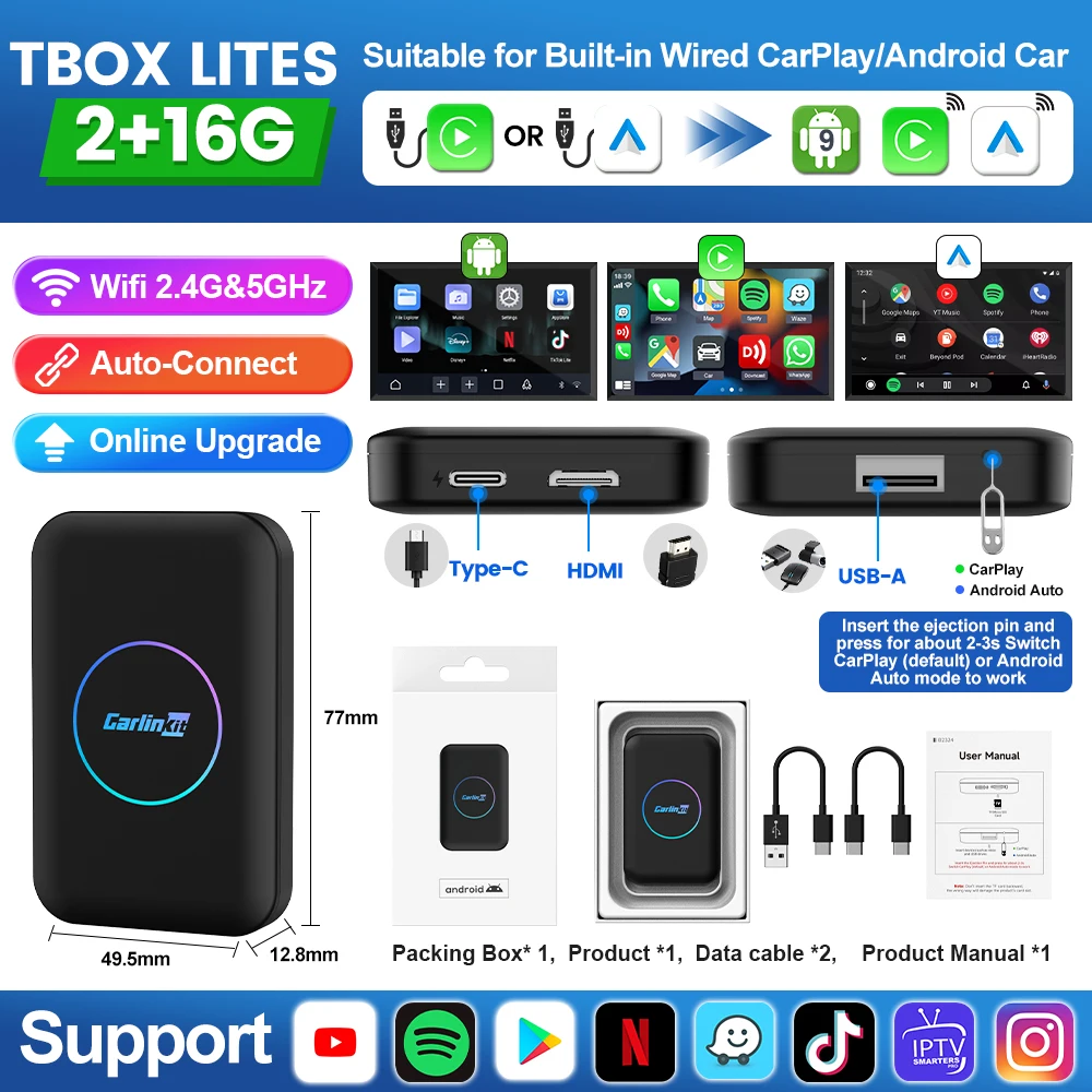 

CarlinKit Wireless Carplay TV Box 4 + 32G Mini Android Auto Wireless AI Box HD Дисплей 5 в 1 Адаптер CarPlay для Spotify Netflix