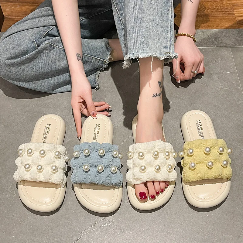 

Slippers Casual Female Shoes Low String Bead Slides Luxury 2022 Summer Soft Flat Fabric Hoof Heels Basic Rubber Fashion Canvas
