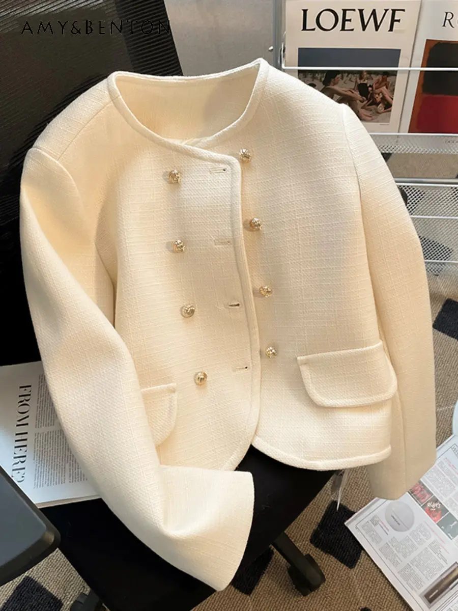 

Элегантное женское Шерстяное Пальто с круглым вырезом, женская короткая Осенняя новая дизайнерская одежда во французском стиле, модная кур...