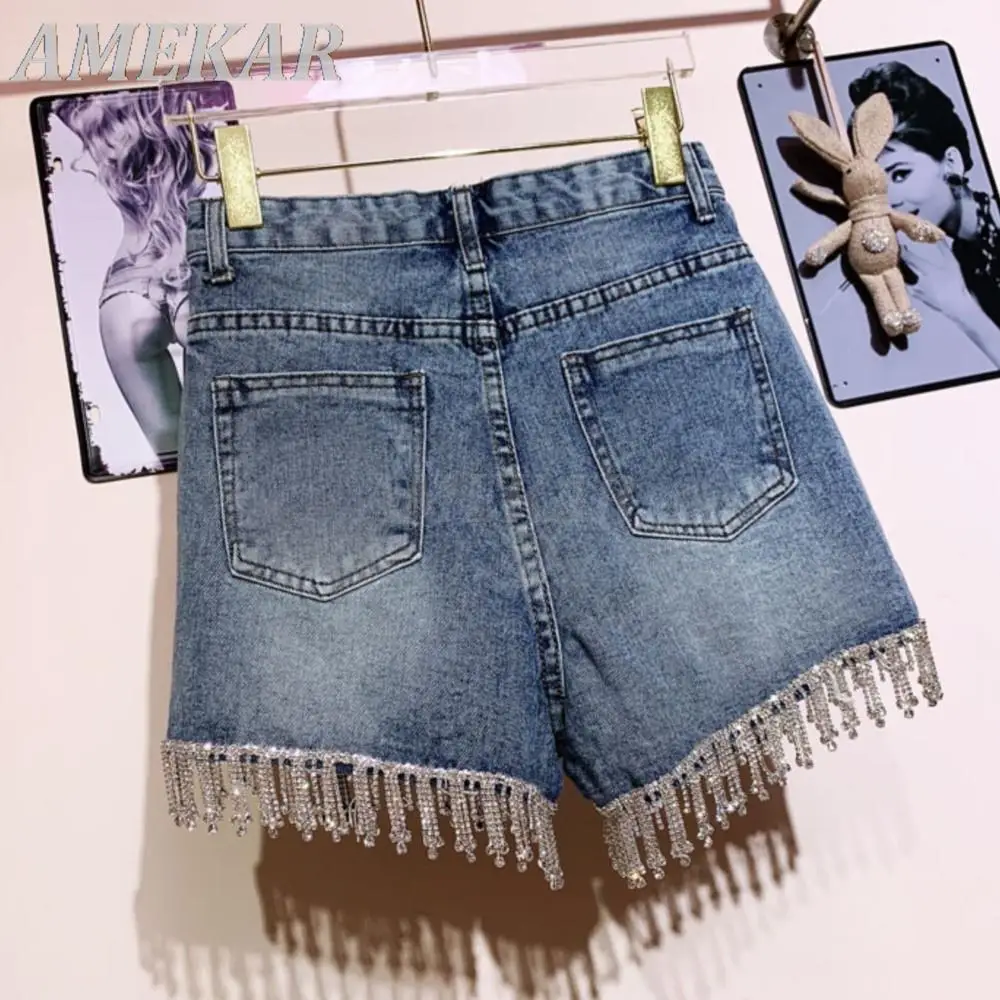 Women's Summer Fashion Short Jeans In Blue Crystal Rhinestones Tassel Straight High Waist Denim Shorts Lady Sexy Clubwear Shorts