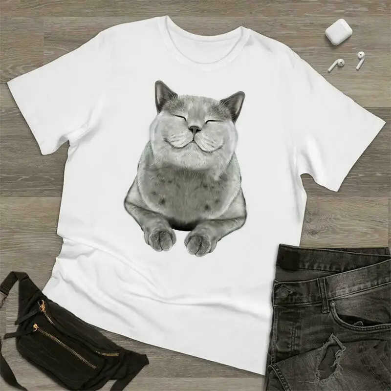

Grey Cat Smile Vintage T Shirt Men Fashion 2022 Women T Shirt Short Sleeve