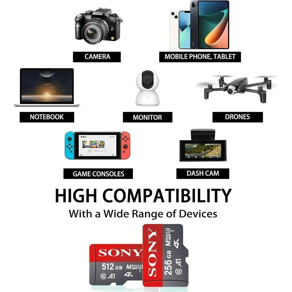 Фото SONY Micro SD TF Card Mini 1TB Карта памяти класса 128 ГБ 256 ГБ Высокоскоростная флэш-память Cartao De Memoria TF Mecard C10 для Xiao Mi №5