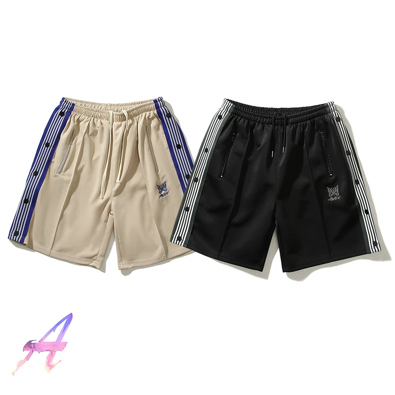 

Needles AWGE ShortsEmbroidered Butterfly Logo Button Stripe Track Breeches Men Women Needles Shorts