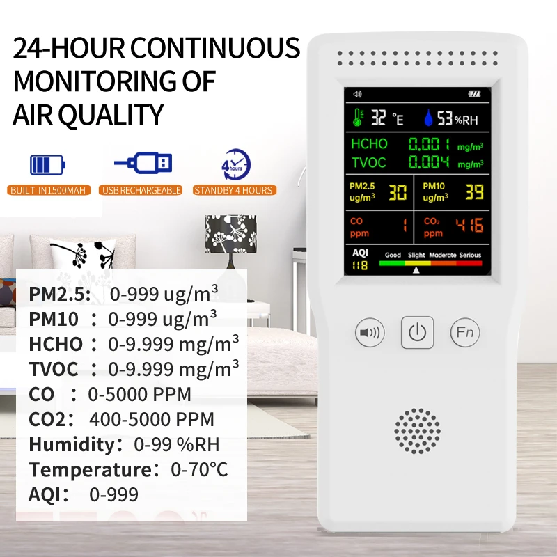 9 in 1 Air Quality Monitor LCD Display High Precision PM2.5 PM10 HCHO TVOC CO CO2 AQI Temperature Humidity Meter CO2 Detector