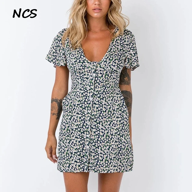 

Aachoae Summer Floral Print Vintage Mini Dress Women Sexy Deep V Neck Boho Dress Girls butterfly-sleeve Button Above Knee Dress