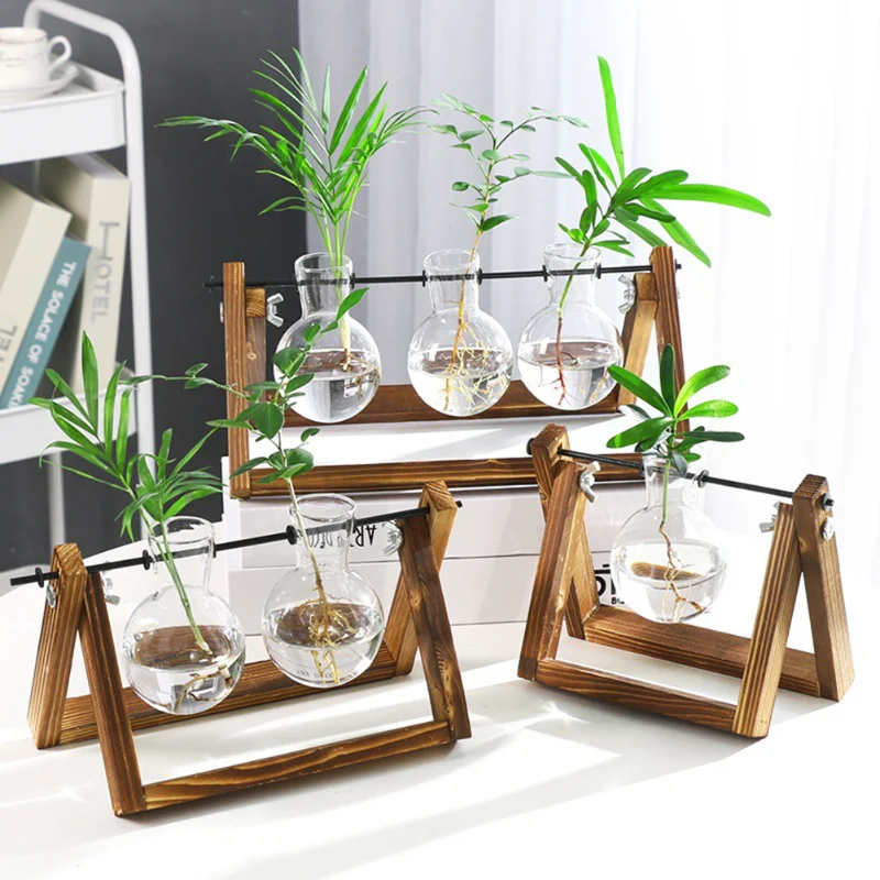 

Plant Terrarium with Wooden Stand Glass Vase Planter Metal Swivel Holder Retro Tabletop Hydroponics Plant Bonsai Home Decoration