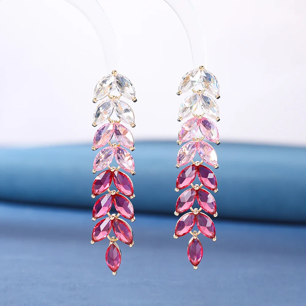 

Purple High Carbon Diamond Vermiculite Water Droplet Leaves Ear of Wheat Pendant Tassel Asymmetrical Earrings Female Jewelry