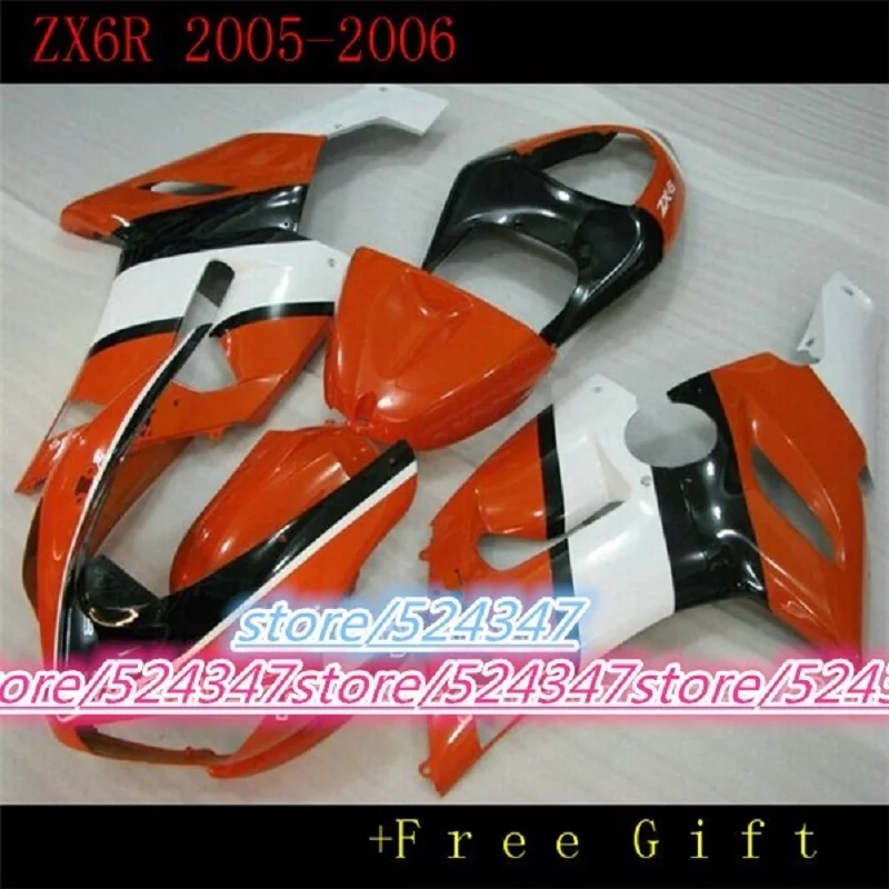 

Лучшая цена, комплект обтекателей для Kawasaki ZX6R 2005 2006, оранжевые, белые, черные детали 05 06 Ninja 636, обтекатели