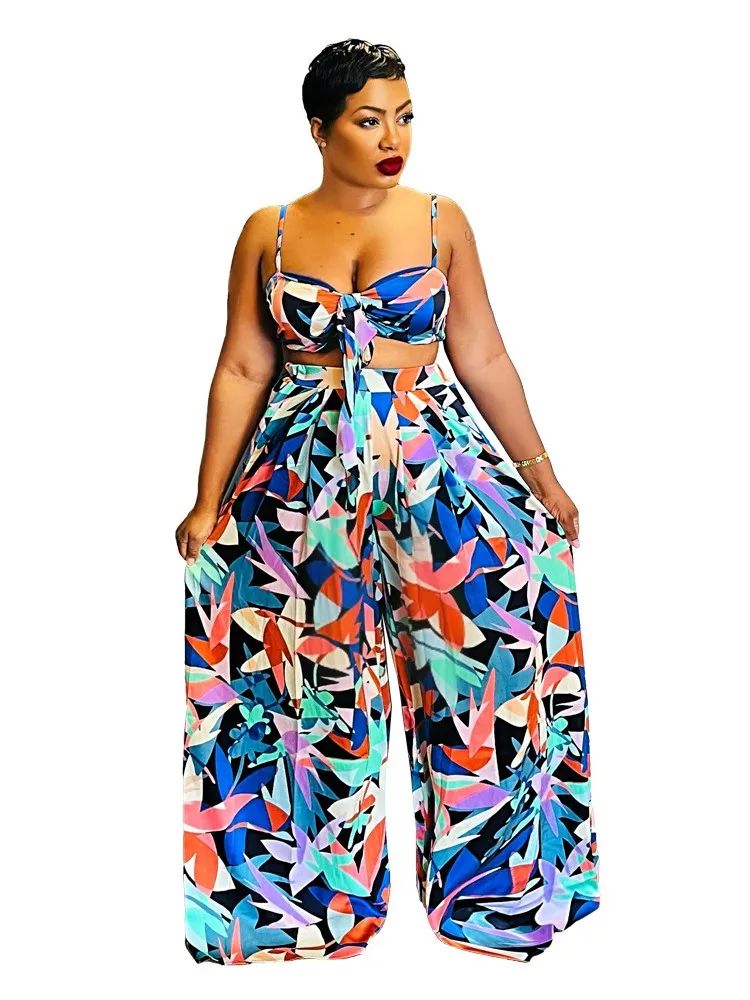 

Dashiki African Clothes For Women 2 Piece Lace Up Bra Top Outfits Summer New Fashion Print Wide Leg Pant African Sets Suits 2022