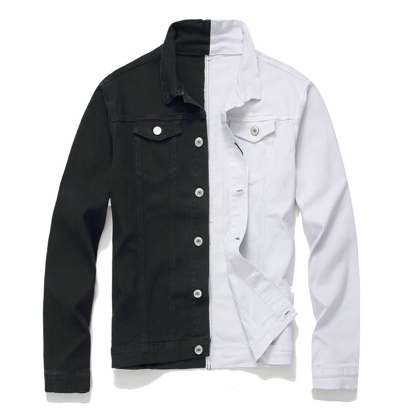 

Men's Street Clothing Black and White Two-color Stitching Slim Fitting Denim Jacket Motorcycle Men's Hip Hop Cotton Casual Denim