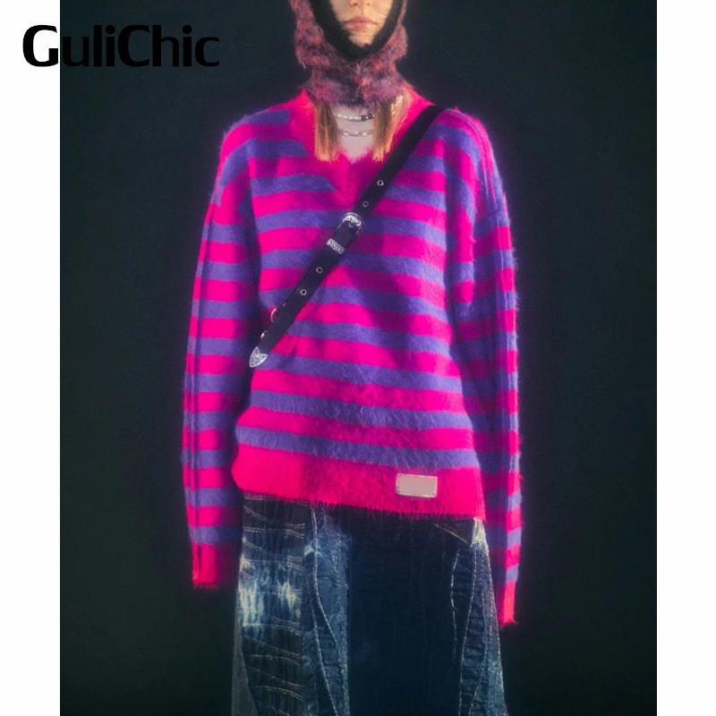 

11.16 GuliChic Women High Street Fashion V-Neck Long Sleeve Contrast Color Striped Knitted Pullover Sweater