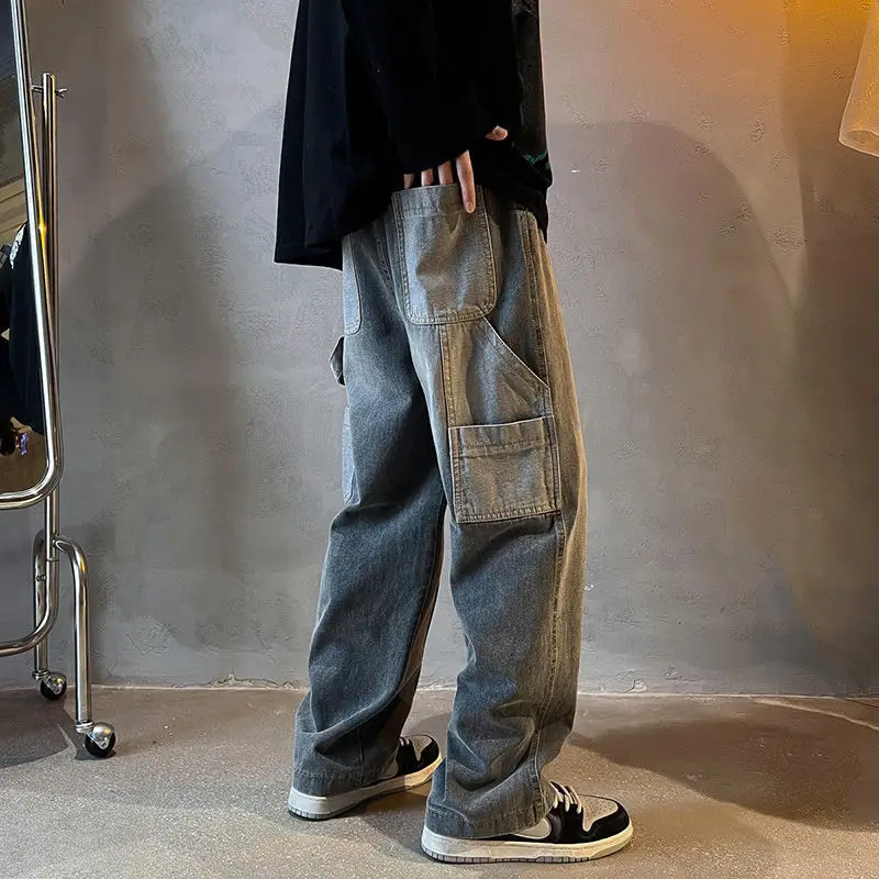 

Men's Jeans 2022 Drawstring Jeans Men's Spring and Autumn Trend Loose Multi-pocket Overalls Ruffian Handsome Straight Pants