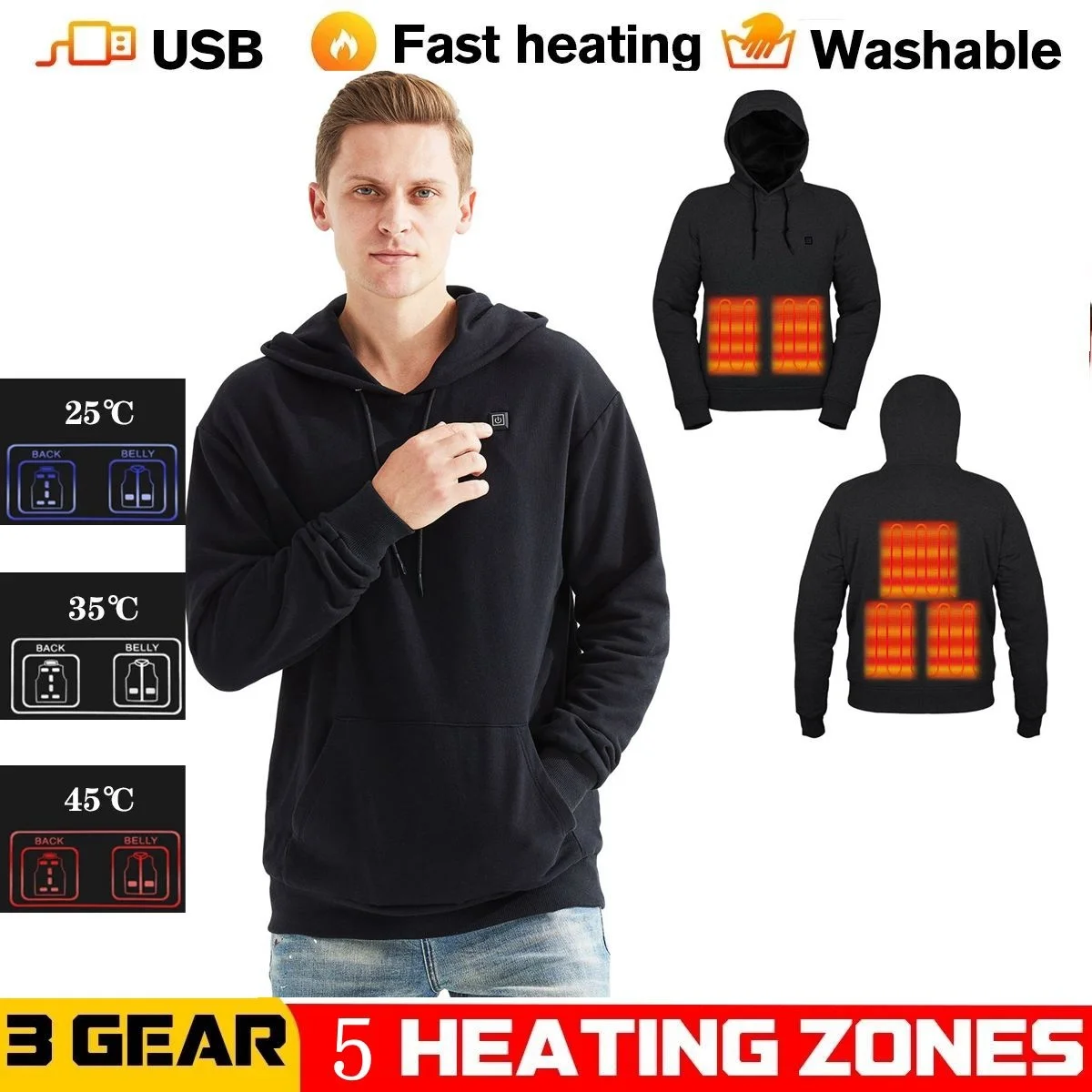 

USB Heated Hoodies Winter Men Cotton Pocket Heating Jackets Thick Heated Casual Hoodies Fashion Long Sleeves