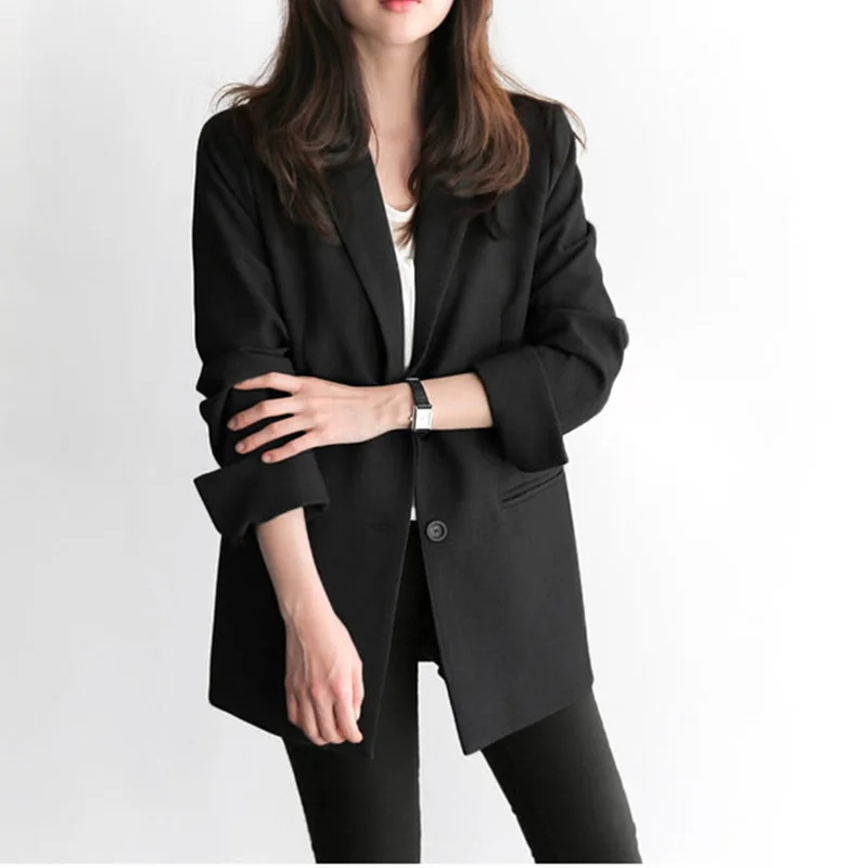 Black Suit Blazer Office Jacket Ladies Tailored Oversized Fashion Double Buttons Long Loose Coat Formal Casual Autumn Women Suit
