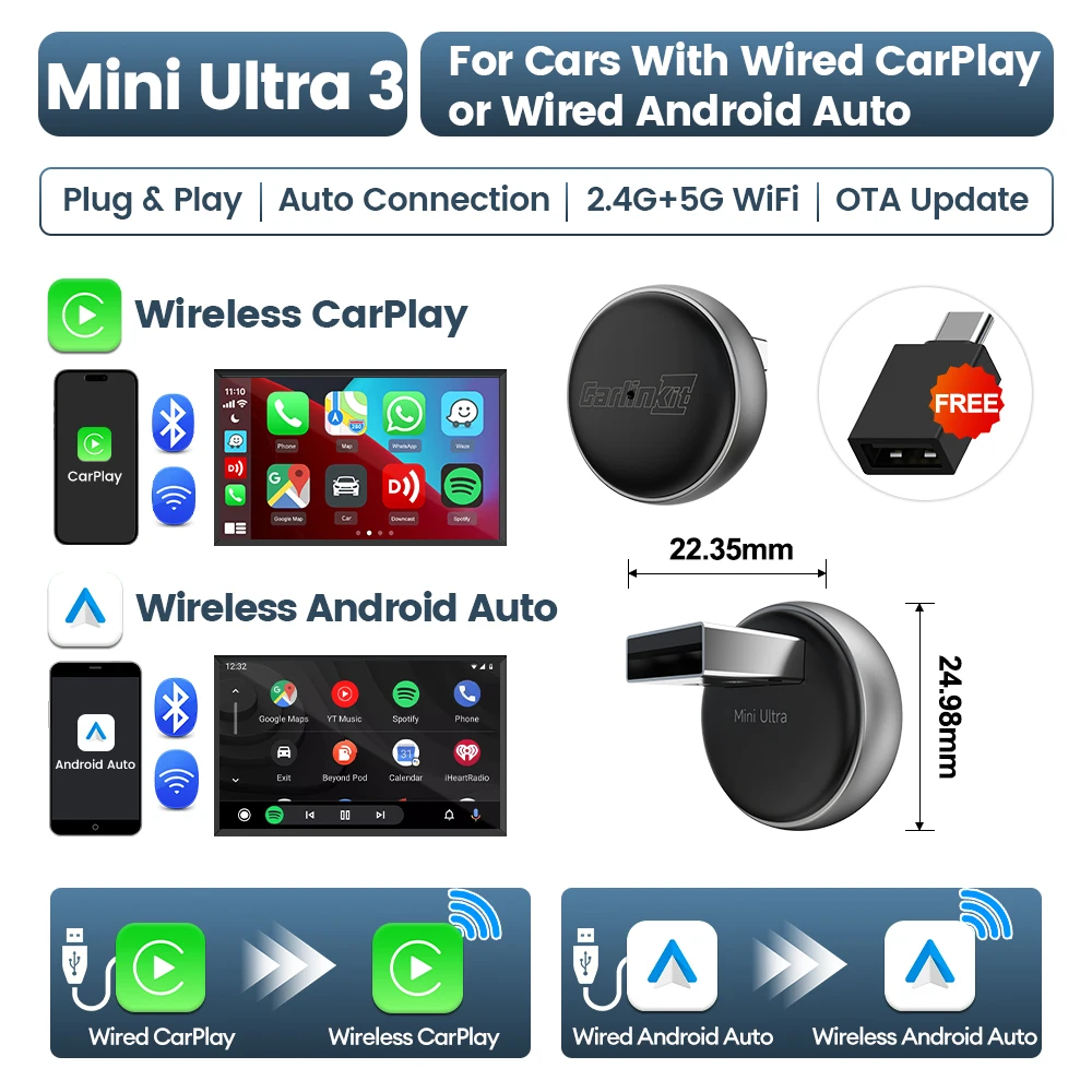 

Беспроводной Адаптер Mini Ultra 3 CarlinKit 5.0 Для OEM-систем Автомобиля, Поддержка CarPlay И Android Auto, Wi-Fi, Bluetooth