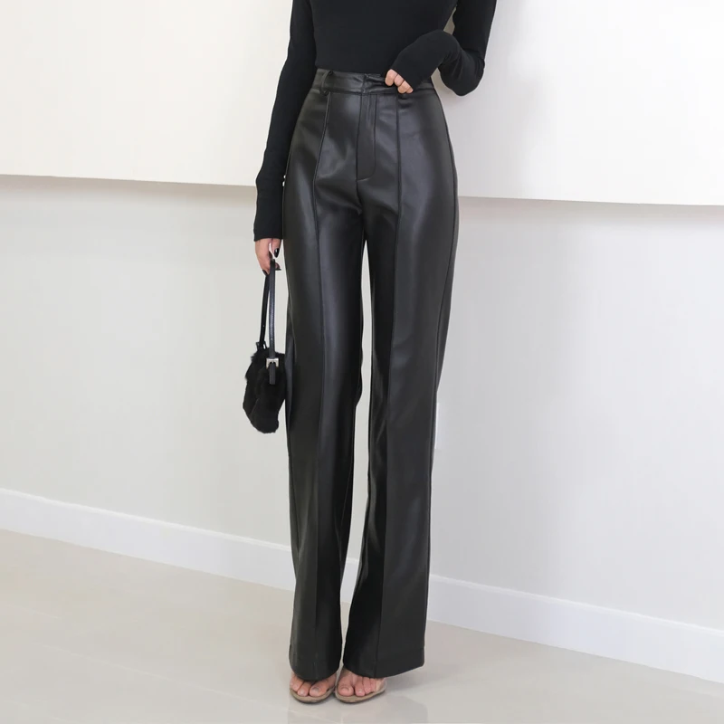 Women Fashion Faux Leather Straight Pants Vintage High Waist Zipper Female Trousers Dropship