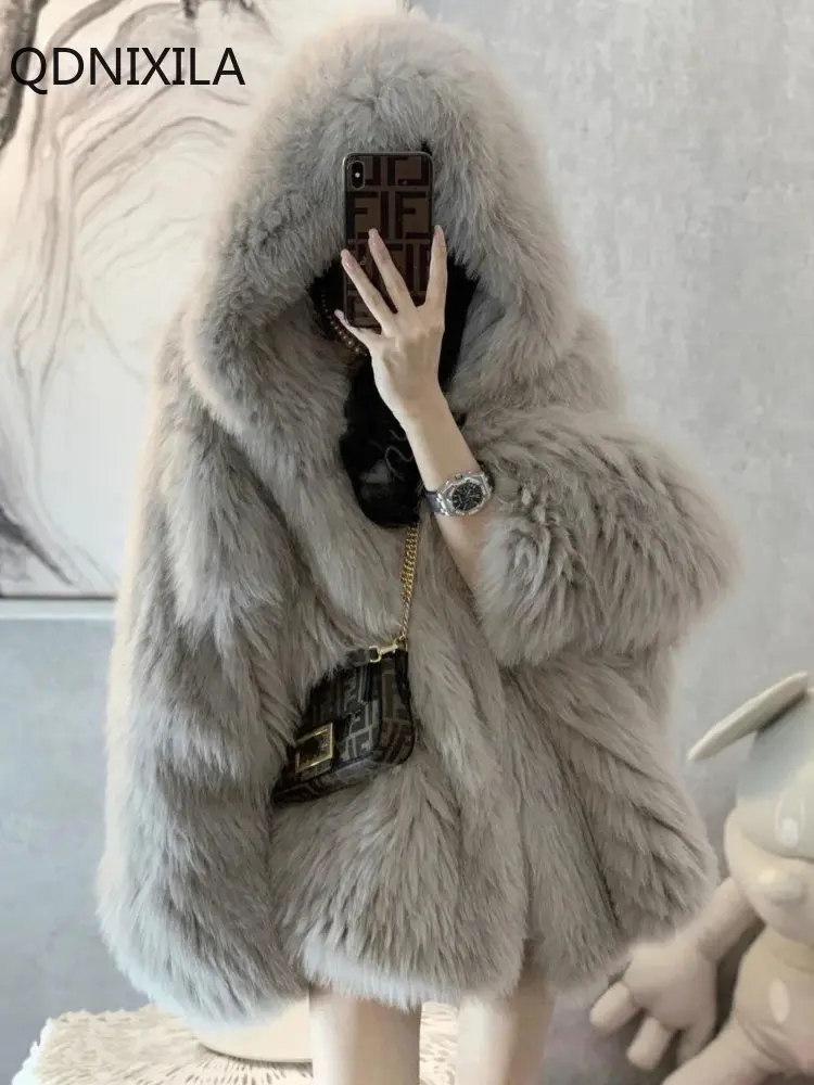Winter Fur Coat Women Imitation Fox Hair Korean Version of The New Faux Fur Coat Hooded Fox Fur Long Fur Collar Jackets