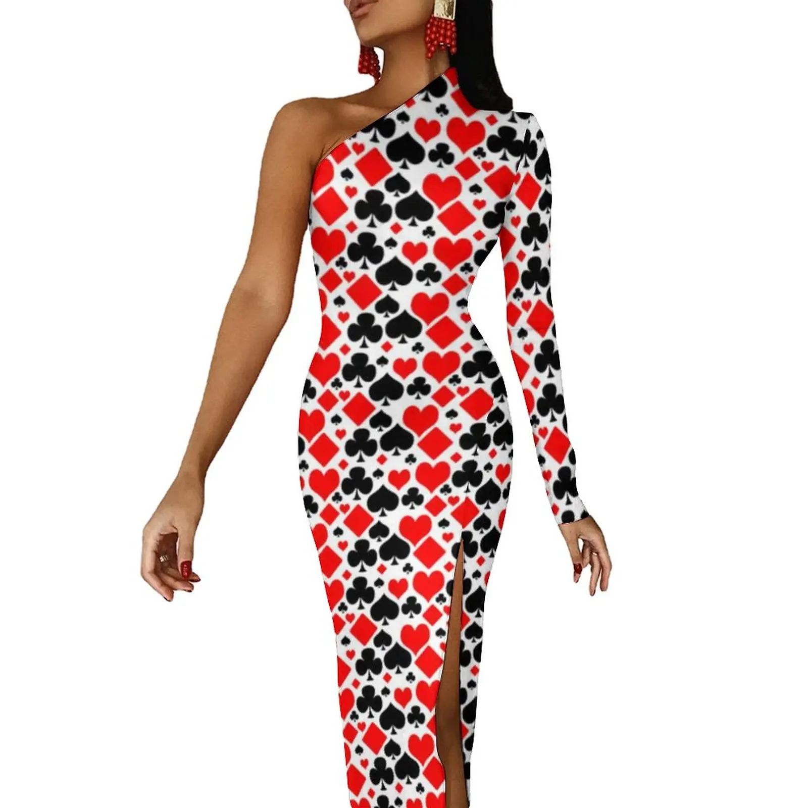 

Poker Print Bodycon Dress Autumn Hearts Diamonds Clubs Spades Night Club Slit Long Dresses Women Long Sleeve Streetwear Dress