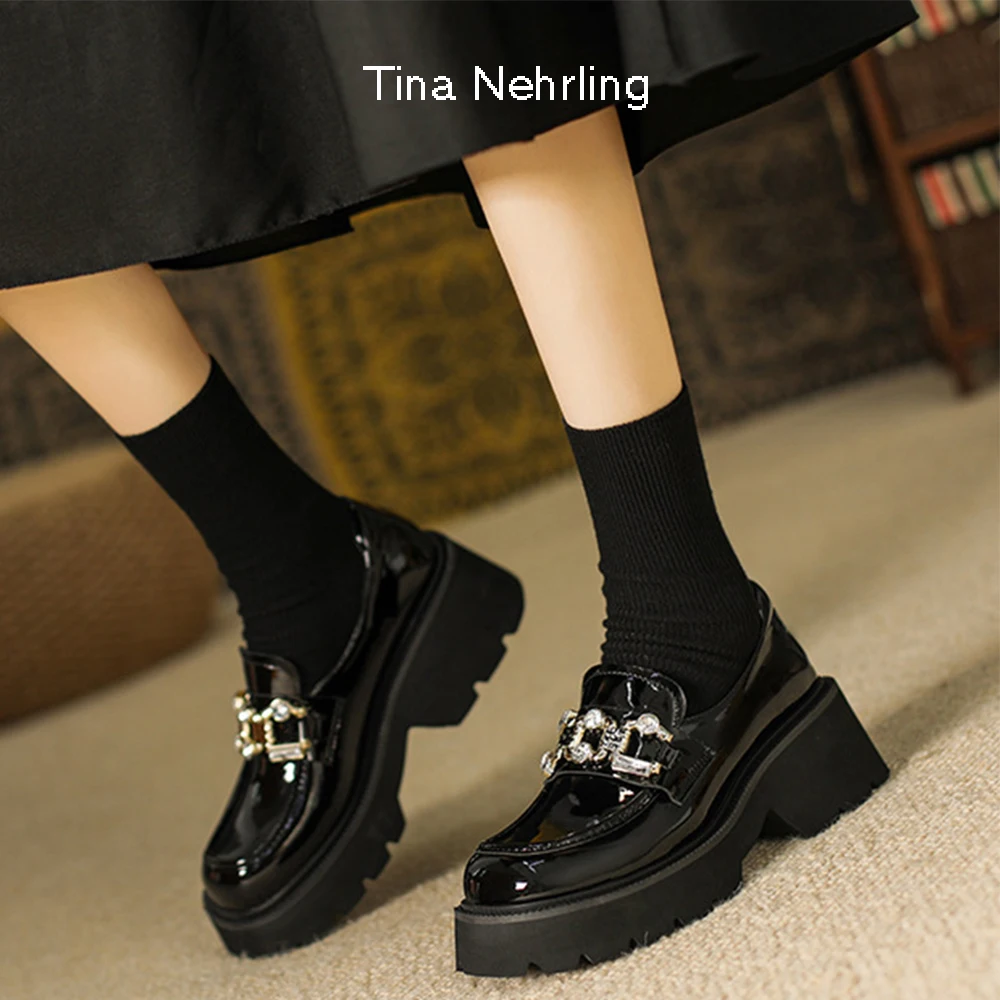 

Tina Nehrling Spring Heel 4.5cm Leather Shoes British Women's Shoes Sticky Diamond jk College Uniform Casual Single Shoes