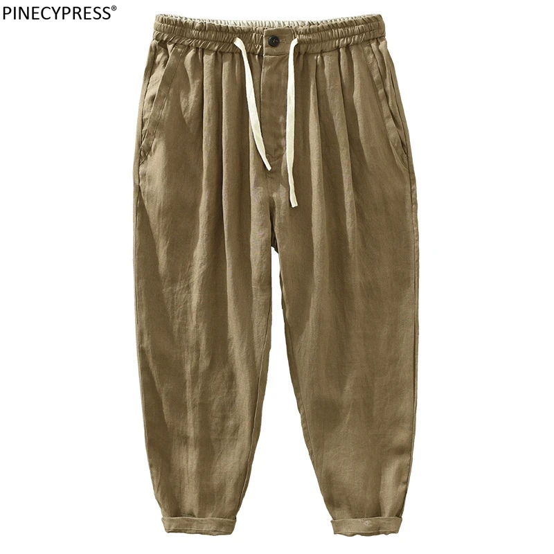

100% Linen Breathable Spring Summer Male Ninth Pants Thin Zipper Fly Plain Fashion Vintage Men Elastic Waist Casual Trouser