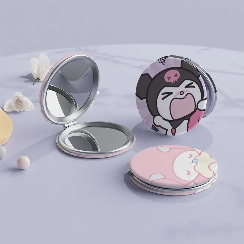 

Kawaii Hello Kitty Sanrio Round Mirrors Kuromi Convince Portable Cinnamoroll Double-Sided Small Beautiful Folding Makeup Gifts
