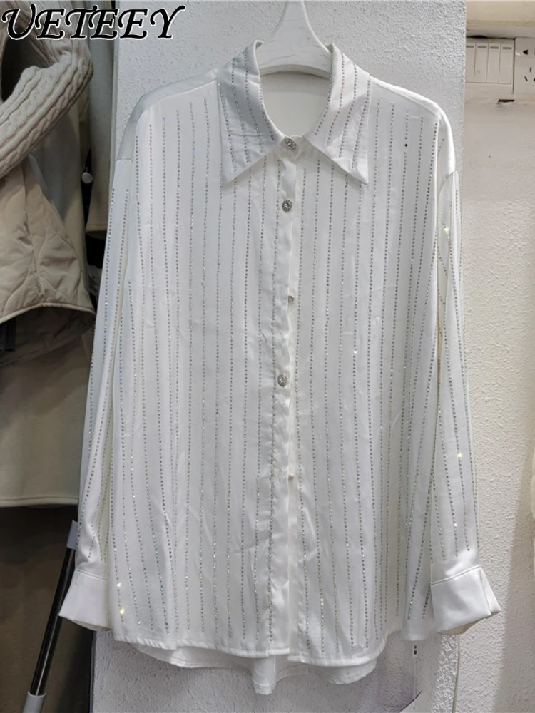 

Heavy Industry Full Body Rhinestone Shirt Women's Lapel Long Sleeve Loose Autumn Tops Silky Slim Fit Versatile Blouse Camisas