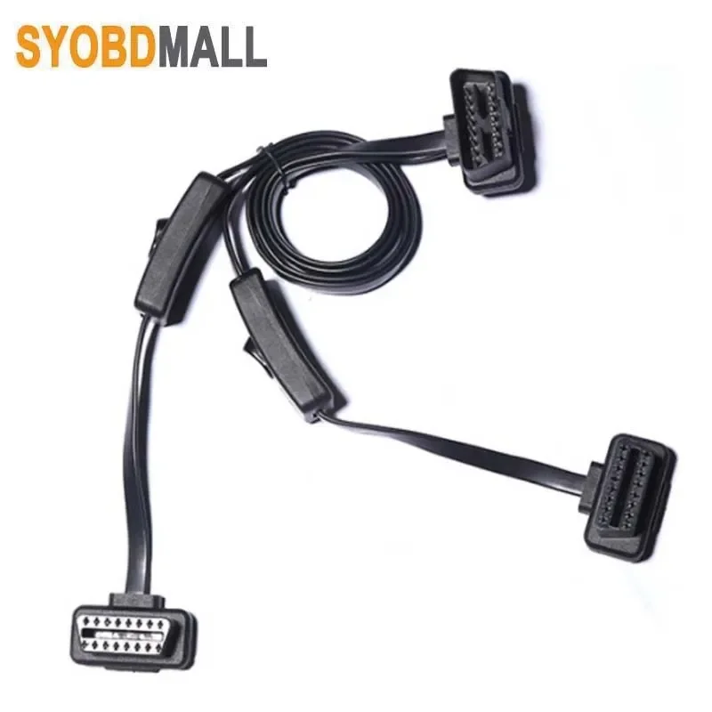 

Кабель-удлинитель OBD2 16-контактный ELM327 с плоским разъемом, Y-образный разветвитель (штекер на два гнезда), угловой, для OBDII