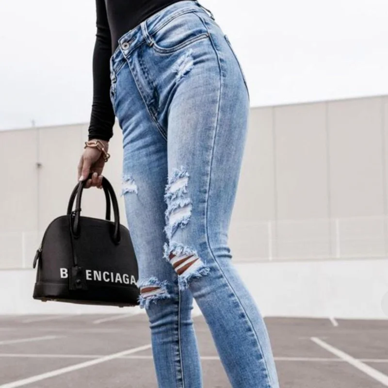Women High Waist Pocket Elastic Denim Pants 2021 Spring Slim All-match Vintage Jeans Classic Ripped Hole Button Trousers Popular