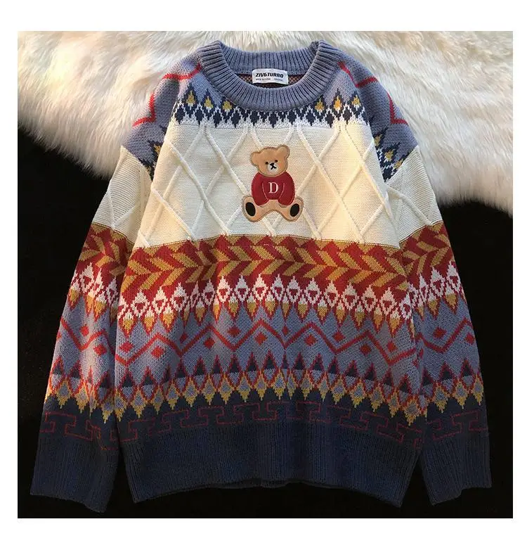 

Модный свитер, Женский пуловер, мультяшный Рождественский кавайный медведь, шикарный винтажный теплый вязаный Свободный Повседневный лоскутный топ с круглым вырезом