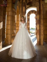 sequined lace appliques wedding dresses ball gown full sleeves scoop neck bridal gown floor length elegant sheer neck