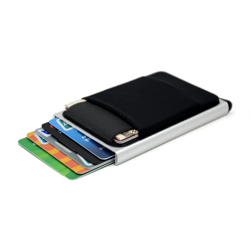 Dompet YUECIMIE Aluminium Ramping dengan Kantong Belakang Elastis Tempat Kartu Kredit ID Dompet RFID Mini Casing Kartu Bank Pop Up Otomatis