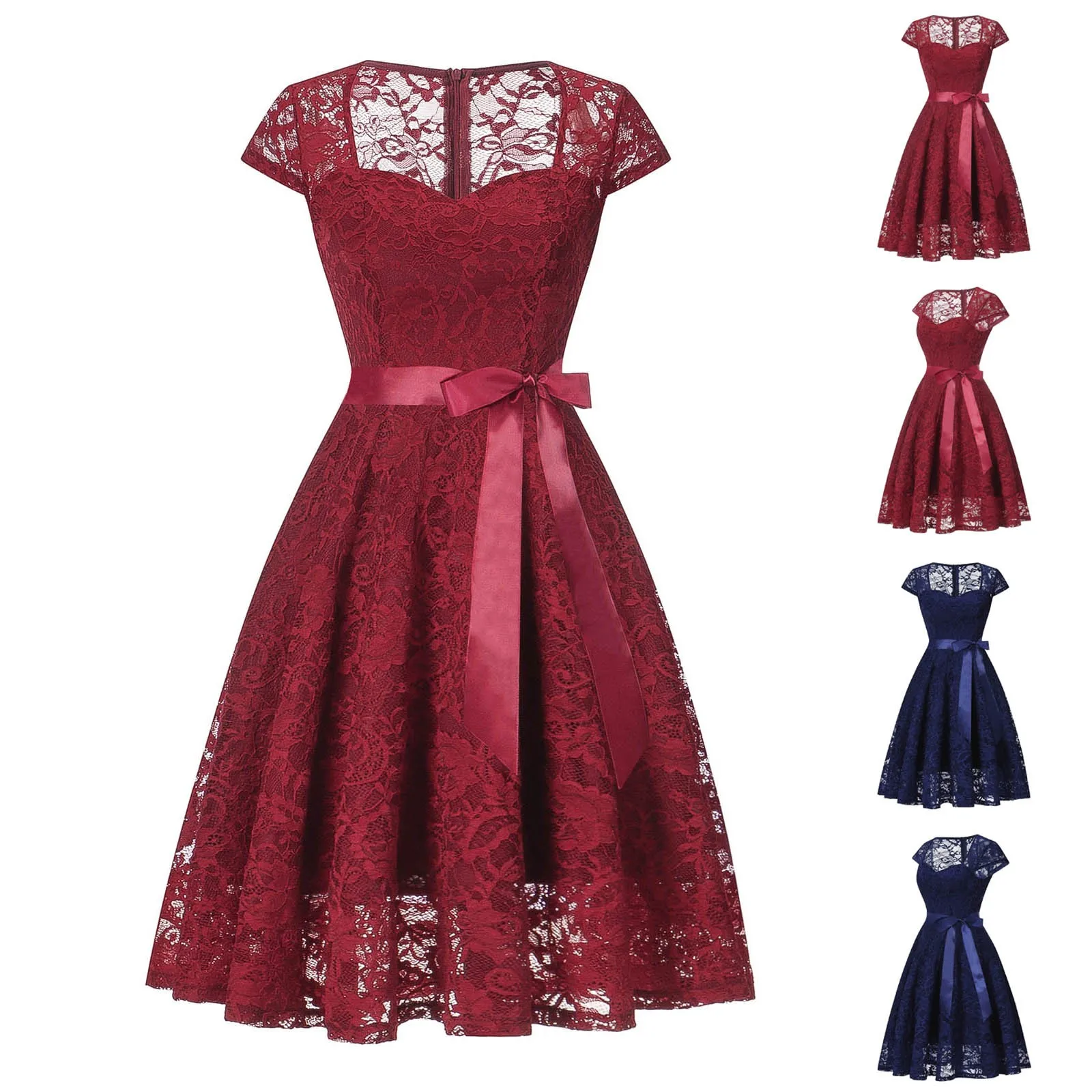 

Summer Women Vintage Solid Colors Short Sleeve Hollow Out Strapless Dresses Female Elegant A-Line Lace Party Dress Vestidos#g3