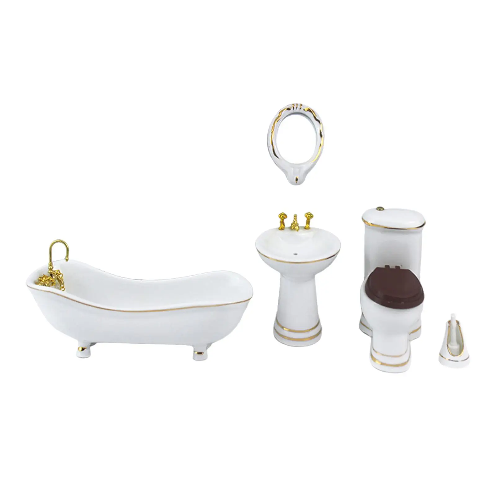 

5 Pieces Miniature Bathtub Toilet Brush Wash Basin Mirror Furniture 1:12 Scale Dollhouse Bathroom Set Ornaments Scenery Supplies