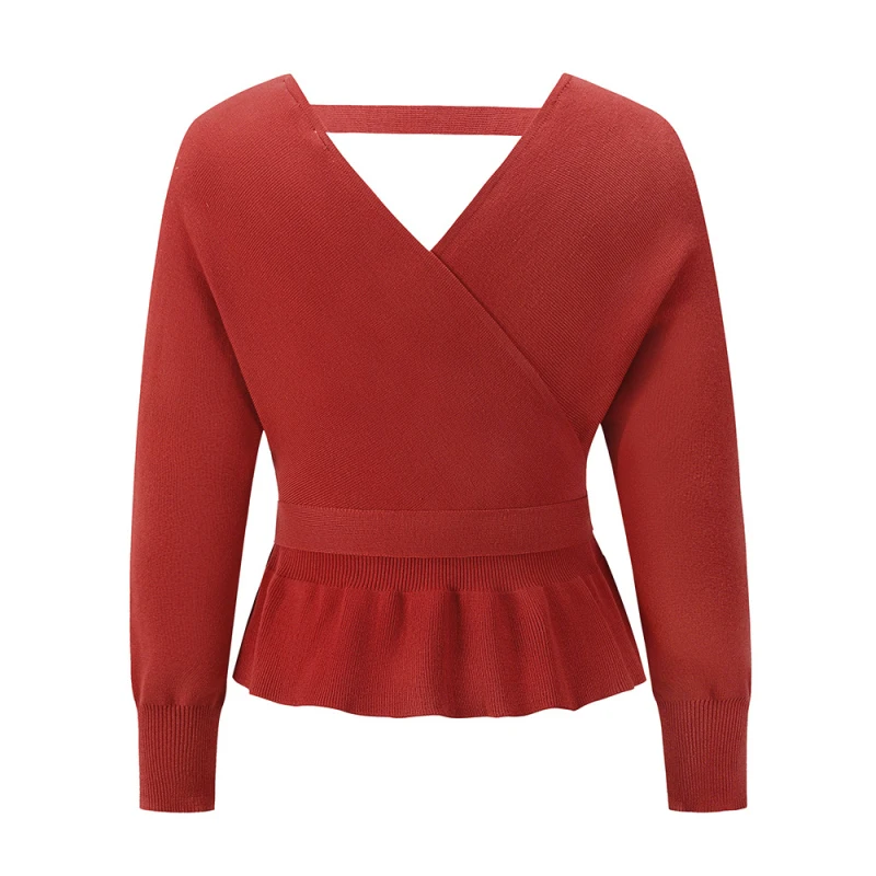 Модный женский трикотажный топ с длинным рукавом и V-образным вырезом