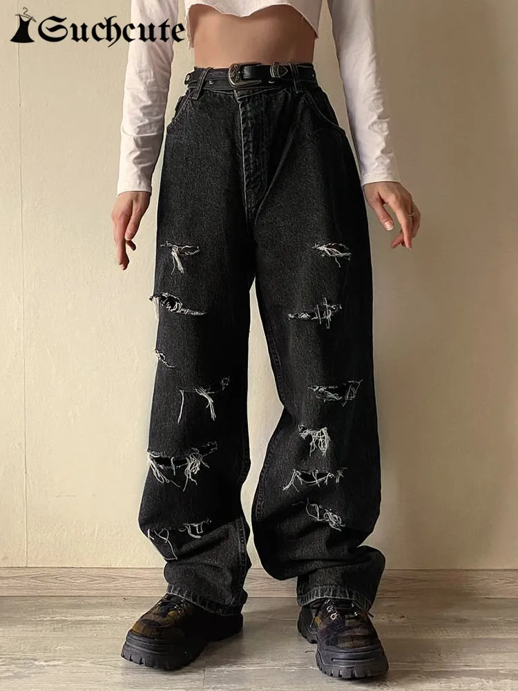 

SUCHCUTE Gothic Ripped Cargo Women Jeans Dark Academic High Waist Denim Trousers Harajuku Streetwear Punk Hip Hop Baggy Pants