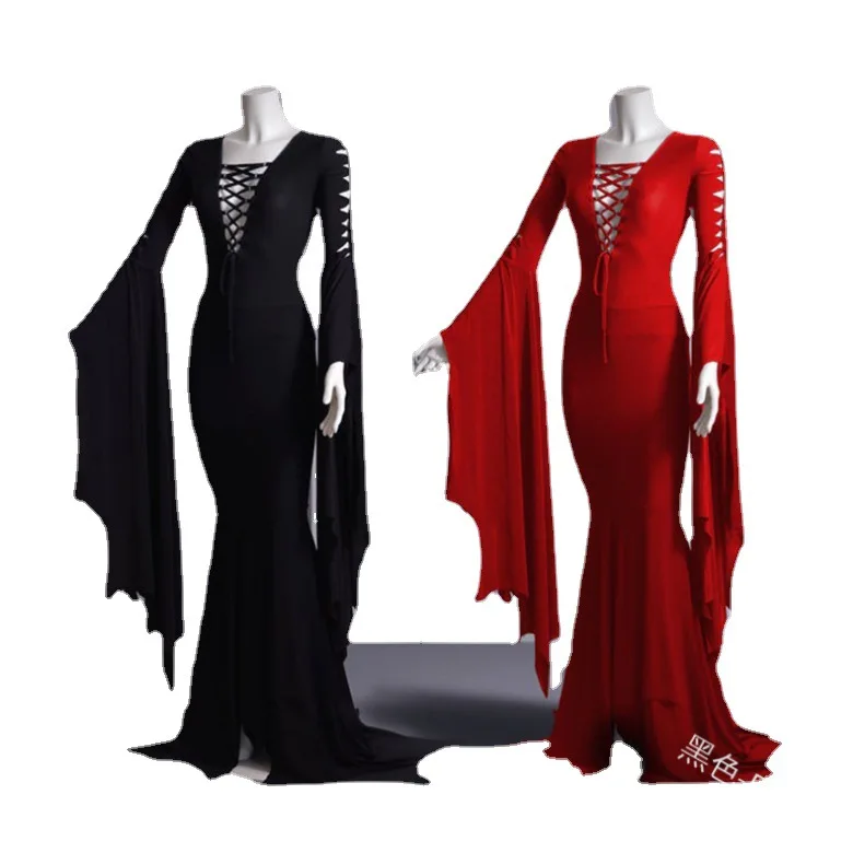 

S-5XLPlus Size Women Sexy Witch Ghost Halloween Costume Morticia Addam Gothic Maxi Dress Pagan Pixie Vampire Black Lace Up Gown