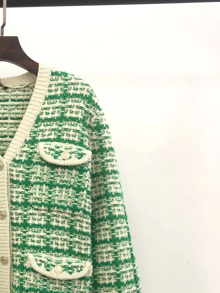 2022 Autumn and Winter Senior Temperament V-neck Loose Green Coarse Plaid Knit Cardigan Women