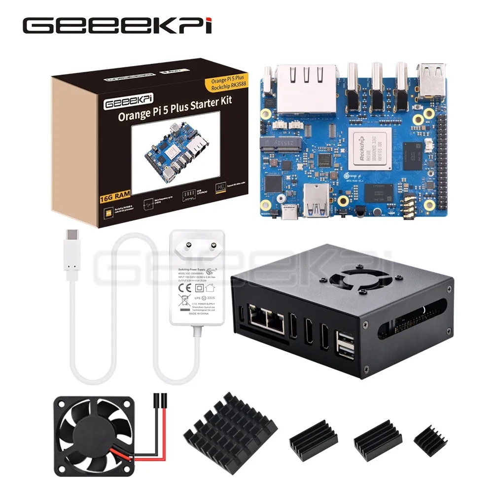 GeeekPi Orange Pi 5 Plus 16 ГБ с разъемом eMMC, OPi 5 Plus металлический цвет официальный оранжевый Pi 5 в 4 а источник питания, вентилятор 40 мм