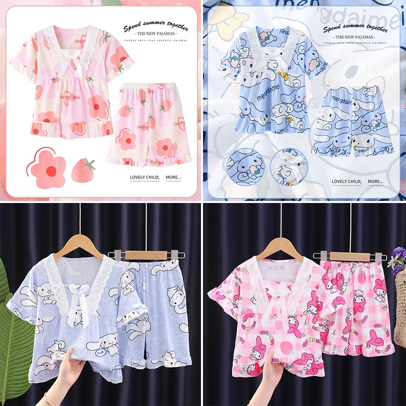 

Sanrio Summer Pajamas Children Kuromi Short Sleeve Sleepwear Cinnamoroll Pyjama-Sets My Melody Homewear T-Shirt Girl Clothes Kid