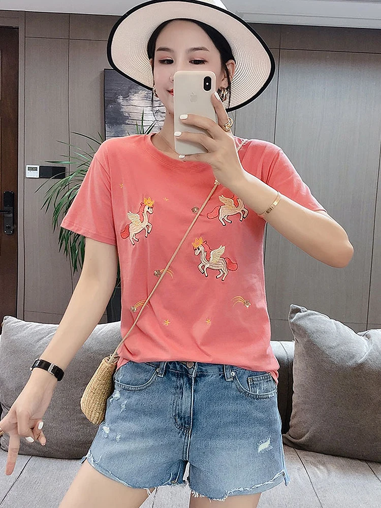 

GGRIGHT Summer Clothes Women 2022 Fashion Sequined Embroidery T-Shirt Women Camiseta Mujer Round Neck Cotton Short Sleeve Top