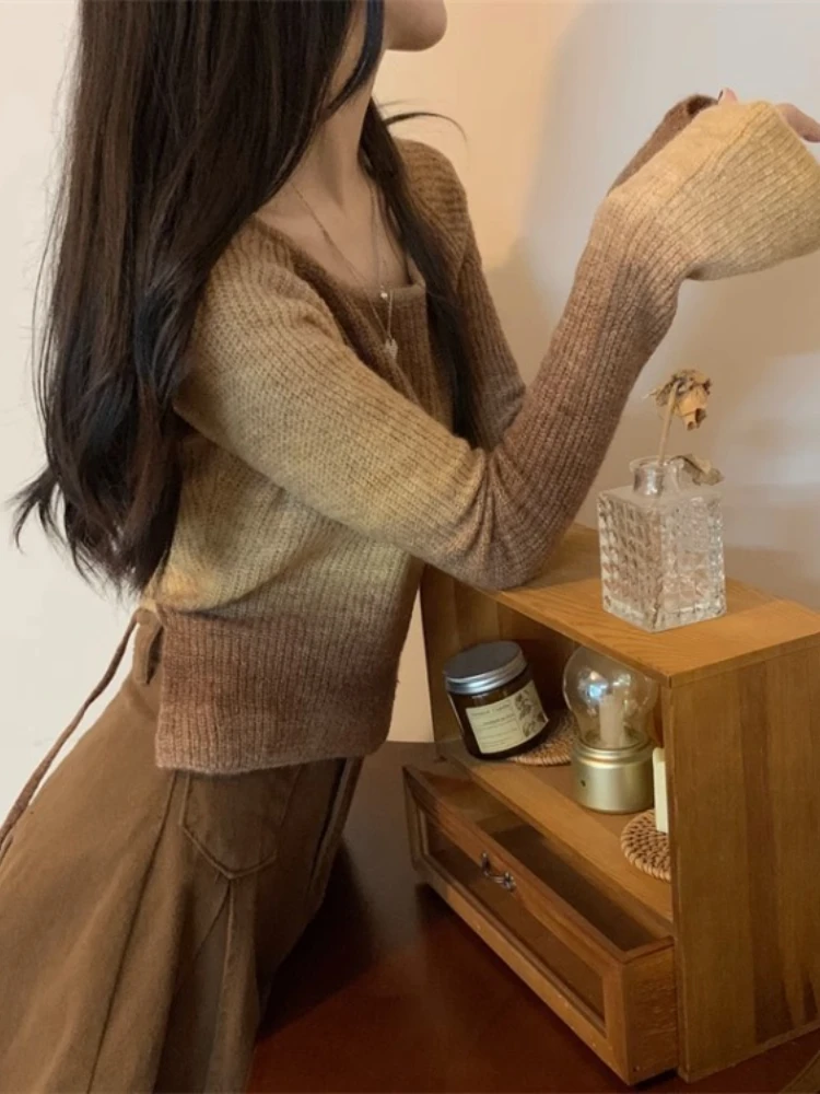 Женский вязаный свитер с градиентом элегантный винтажный пуловер расклешенными