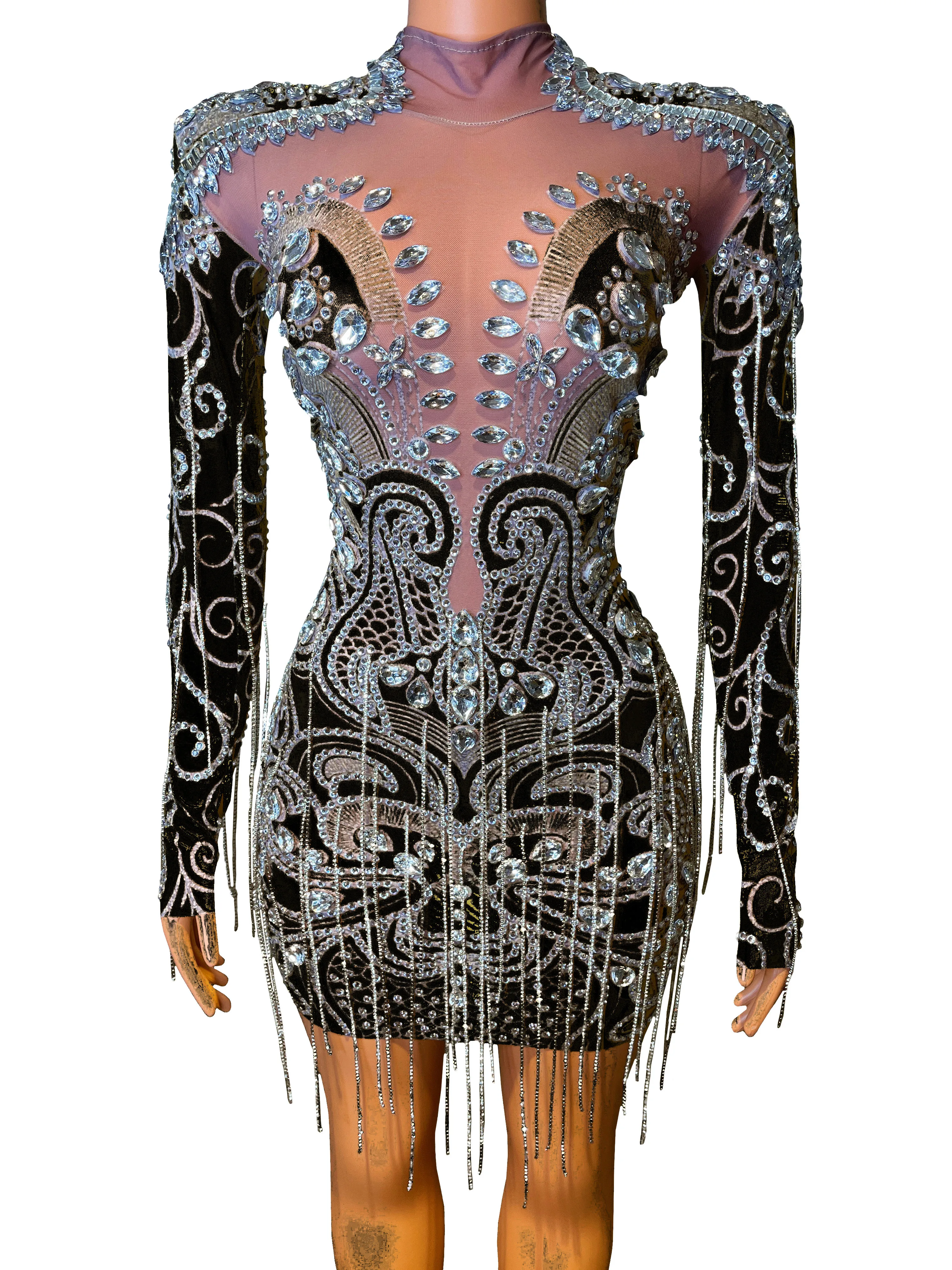 

Women Fringes Dress 6 Colors Rhinestones Crystals Birthday Celebrate Evening Prom Party Costume Dance Sexy Stage Dress
