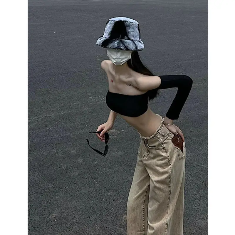 

American retro high-waisted raw edge design sense washed old jeans women spring and summer new wide-leg mopping pants