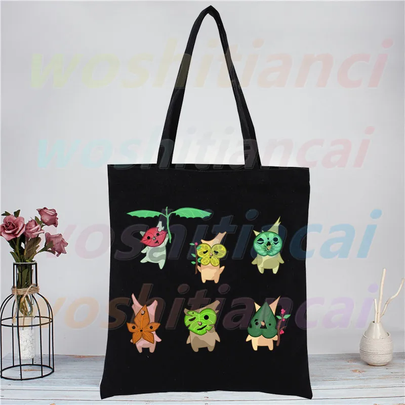 

Game Cute Leaf Little Monster Shopping Black Bags Canvas Tote Bag Printed Cartoon Reusable Cloth Bag Handbag Shoulder Bags
