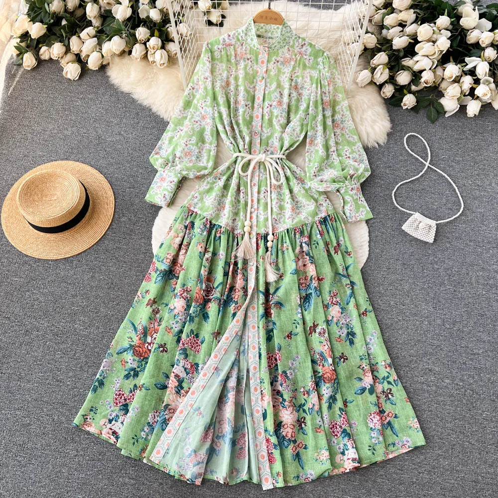 

Spring Bohemian Linen Green Maxi Dress Women's Turtleneck Lantern Sleeve Single Breasted Flower Print Belt Loose Vestidos