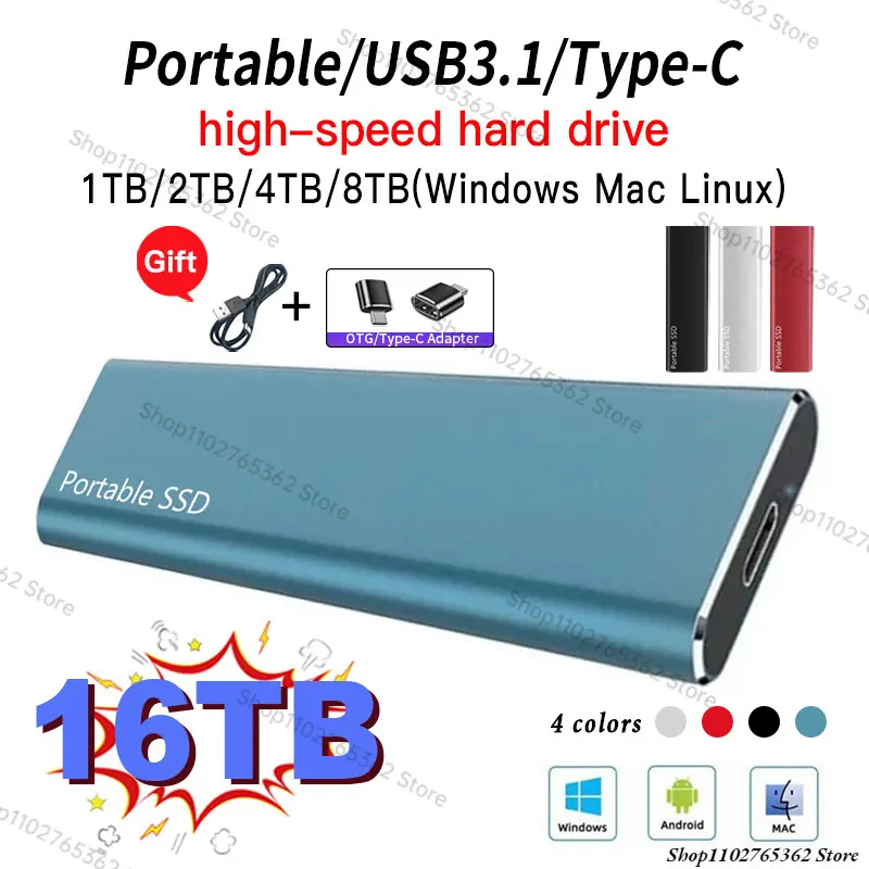 Portable SSD High-speed 64TB External Hard Drive 16TB 8TB M.2 SSD Type-C USB3.1 HDD Mobile Hard Drive For Laptop/Mac/Smartphone